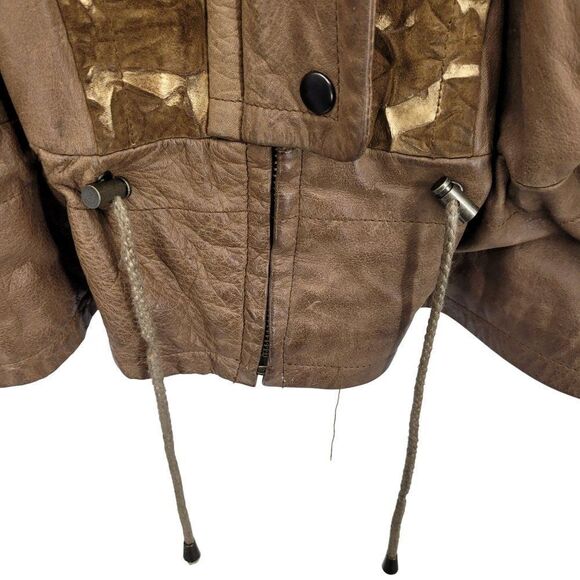 Vintage Alamo Uomo Leather Bomber Jacket L Cognac Crinkle Gold Dolman Cinched - Picture 9 of 15
